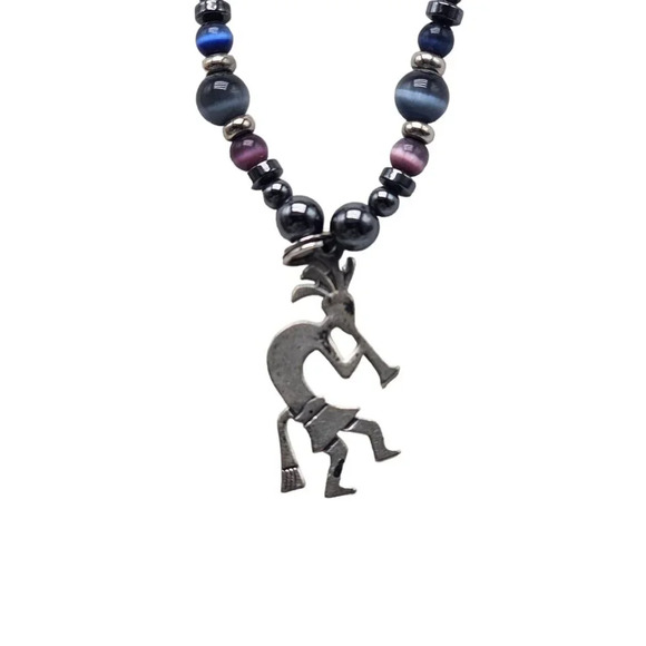 Glass Beads Kokopelli Pendant Braided Cord Necklace Silver Tone Vintage - Picture 4 of 8